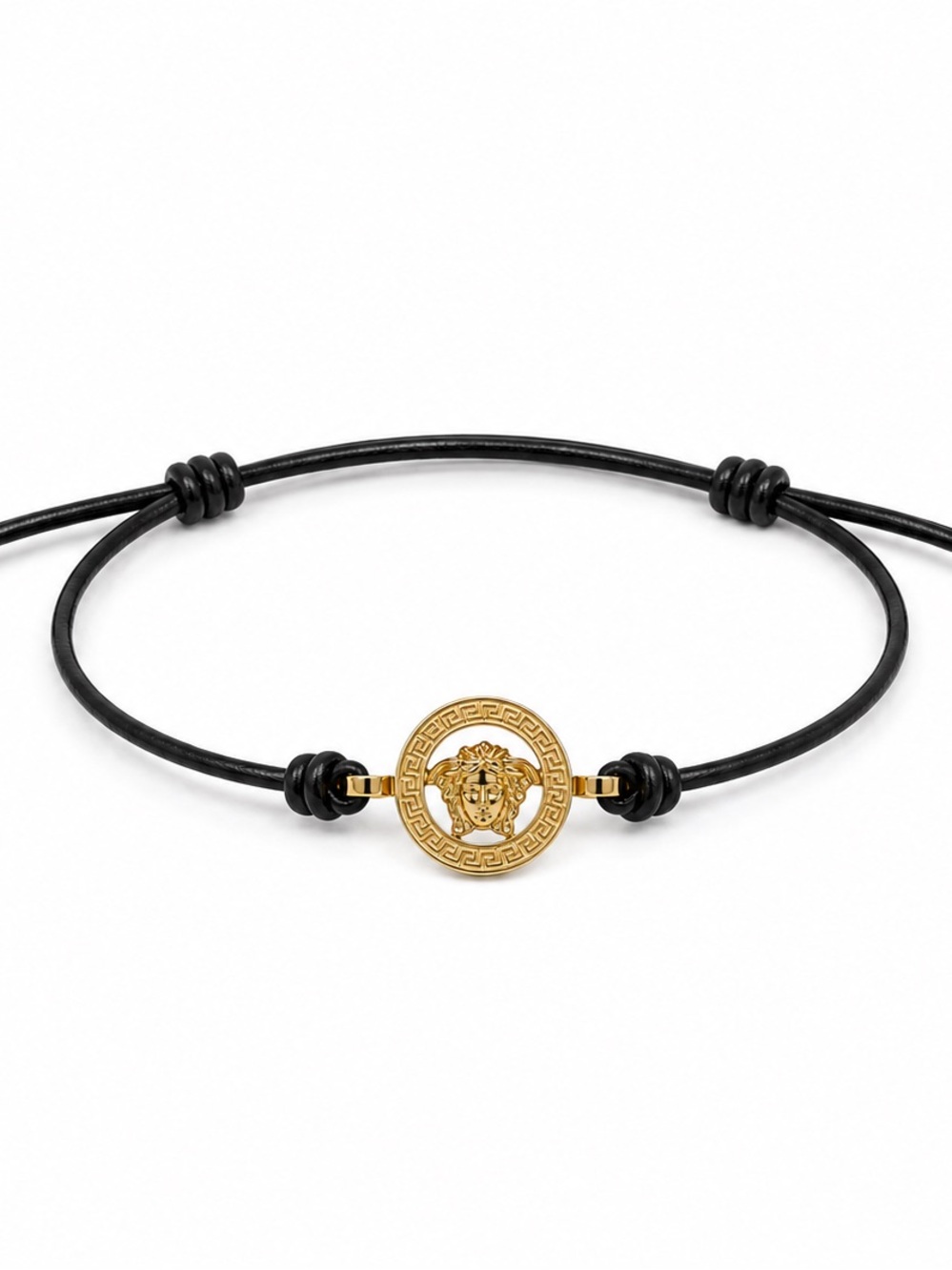 Versace Medusa Black Leather Cord Bracelet Gold Greek Key NIB